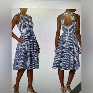 Eliza J Blue Striped Floral Fit & Flare Cut Out Halter Neck Dress Womens SIZE 8